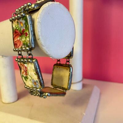 Silver Bracelet with Linking Painted Floral Pendants