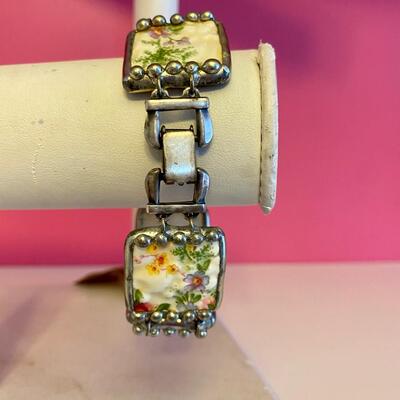 Silver Bracelet with Linking Painted Floral Pendants