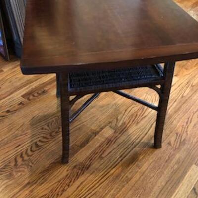 Wood side table with wicker/woven trim