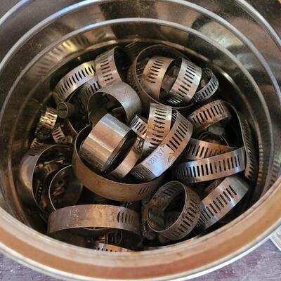 Lot 93: (2) Coffee Cans with Hose Clamps Assorted Sizes