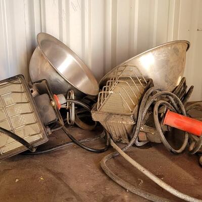 Lot 94: Assortment of Farm Auto Shop Lights feat. VINTAGE Green Porcelain Ballast Unit