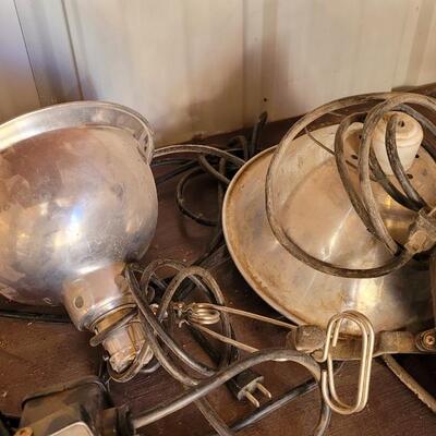 Lot 94: Assortment of Farm Auto Shop Lights feat. VINTAGE Green Porcelain Ballast Unit