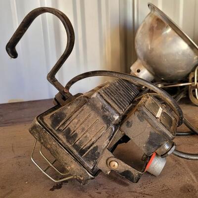 Lot 94: Assortment of Farm Auto Shop Lights feat. VINTAGE Green Porcelain Ballast Unit