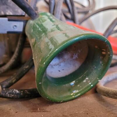 Lot 94: Assortment of Farm Auto Shop Lights feat. VINTAGE Green Porcelain Ballast Unit