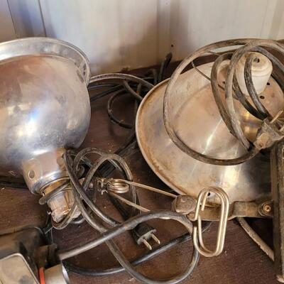 Lot 94: Assortment of Farm Auto Shop Lights feat. VINTAGE Green Porcelain Ballast Unit