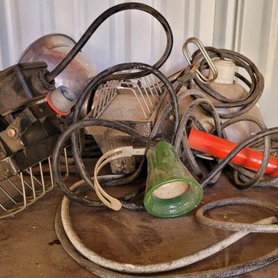 Lot 94: Assortment of Farm Auto Shop Lights feat. VINTAGE Green Porcelain Ballast Unit