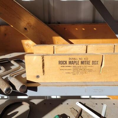 Lot 96: Vintage Maple Miter Box + (3) Hand Drills