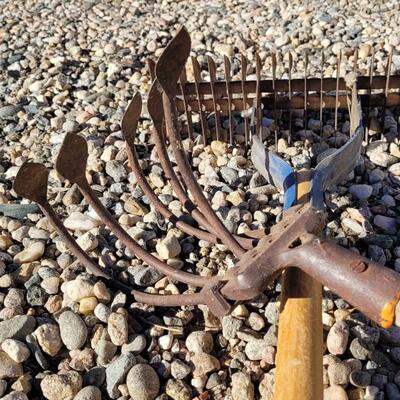 Lot 105: (2) Antique Vintage Wood Handle Rakes feat. AMES