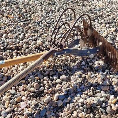 Lot 105: (2) Antique Vintage Wood Handle Rakes feat. AMES