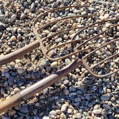 Lot 106: (2) Antique Vintage Wood Handle Pitchforks Halloween Farm and Garden