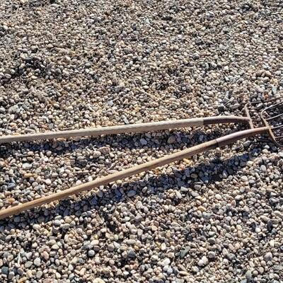 Lot 106: (2) Antique Vintage Wood Handle Pitchforks Halloween Farm and Garden