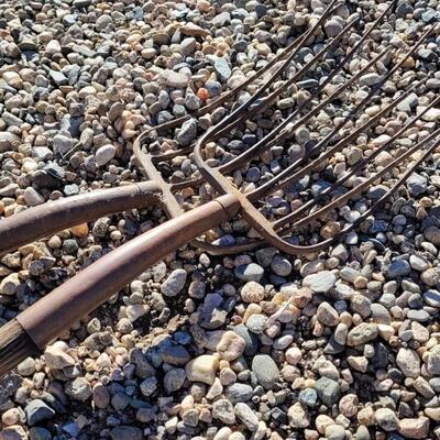 Lot 106: (2) Antique Vintage Wood Handle Pitchforks Halloween Farm and Garden