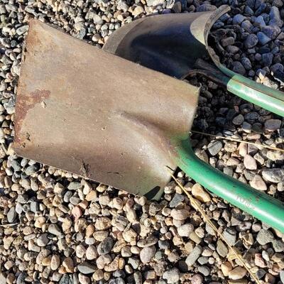 Lot 108: (2) Vintage TEMPERED Original Green Paint Metal Shovels Original Wood Handles
