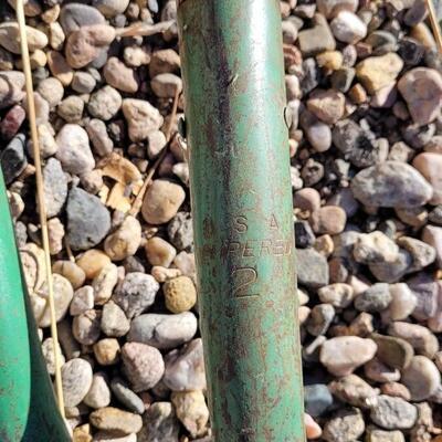 Lot 108: (2) Vintage TEMPERED Original Green Paint Metal Shovels Original Wood Handles