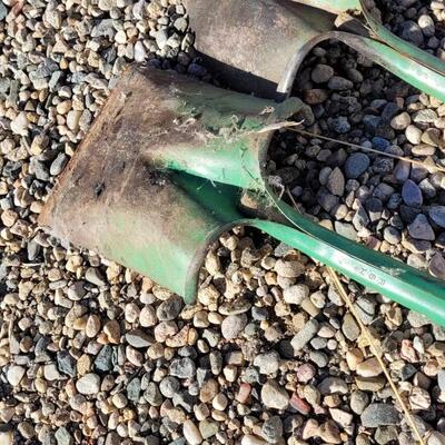 Lot 108: (2) Vintage TEMPERED Original Green Paint Metal Shovels Original Wood Handles