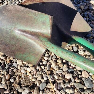 Lot 108: (2) Vintage TEMPERED Original Green Paint Metal Shovels Original Wood Handles