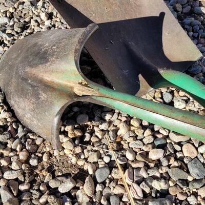 Lot 108: (2) Vintage TEMPERED Original Green Paint Metal Shovels Original Wood Handles
