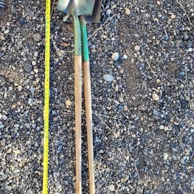 Lot 108: (2) Vintage TEMPERED Original Green Paint Metal Shovels Original Wood Handles