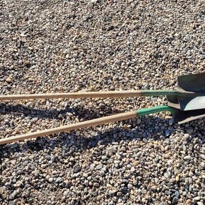 Lot 108: (2) Vintage TEMPERED Original Green Paint Metal Shovels Original Wood Handles