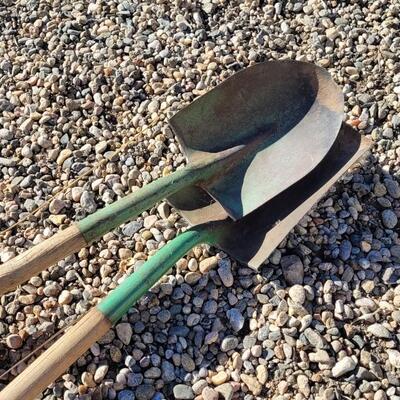 Lot 108: (2) Vintage TEMPERED Original Green Paint Metal Shovels Original Wood Handles