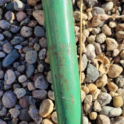Lot 108: (2) Vintage TEMPERED Original Green Paint Metal Shovels Original Wood Handles