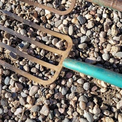 Lot 113: (2) Vintage Wood/Metal Combo Handle Pitchforks feat. Green Paint Accent