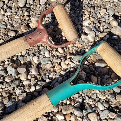Lot 113: (2) Vintage Wood/Metal Combo Handle Pitchforks feat. Green Paint Accent