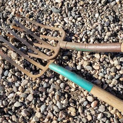 Lot 113: (2) Vintage Wood/Metal Combo Handle Pitchforks feat. Green Paint Accent