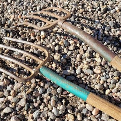 Lot 113: (2) Vintage Wood/Metal Combo Handle Pitchforks feat. Green Paint Accent