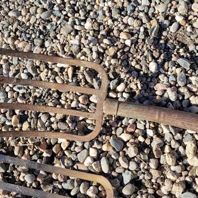 Lot 113: (2) Vintage Wood/Metal Combo Handle Pitchforks feat. Green Paint Accent