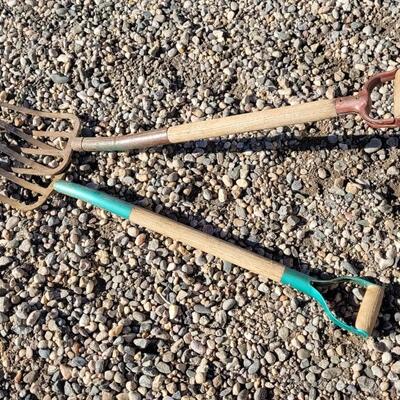 Lot 113: (2) Vintage Wood/Metal Combo Handle Pitchforks feat. Green Paint Accent