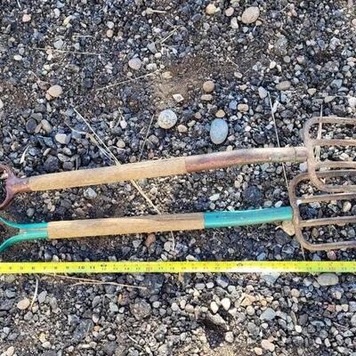 Lot 113: (2) Vintage Wood/Metal Combo Handle Pitchforks feat. Green Paint Accent