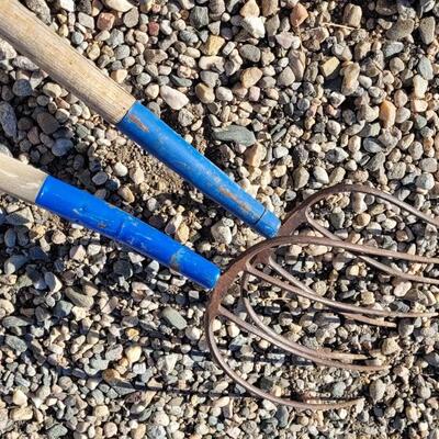 Lot 114: (2) Vintage Blue Accent Pitchforks Farm Garden