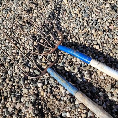 Lot 114: (2) Vintage Blue Accent Pitchforks Farm Garden