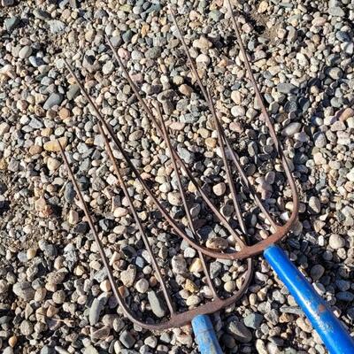 Lot 114: (2) Vintage Blue Accent Pitchforks Farm Garden
