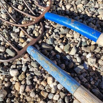 Lot 114: (2) Vintage Blue Accent Pitchforks Farm Garden
