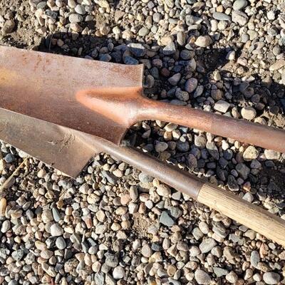 Lot 117: (2) Vintage Wood/Metal Combo Handle Shovels feat. Red Accent
