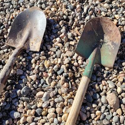 Lot 122: (2) Vintage Wood Handle Shovels feat. ONE Green Accent