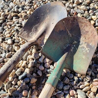 Lot 122: (2) Vintage Wood Handle Shovels feat. ONE Green Accent