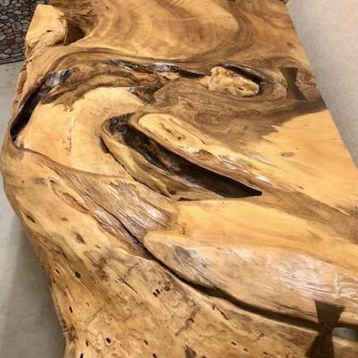 Burl wood base beveled glass-top dining table