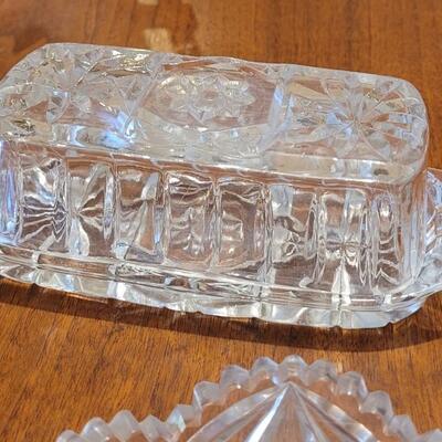 Lot 58:  Vintage Crystal Round Platter, Cut Crystal Candy Bowl and Crystal Butter Dish