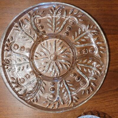 Lot 60: Crystal Spoon Rest, Heavy Crystal Bowl and Hors D'oeuvre Platter (Possibly Indiana Glass)