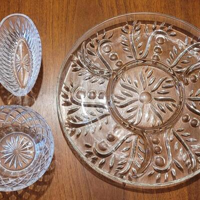 Lot 60: Crystal Spoon Rest, Heavy Crystal Bowl and Hors D'oeuvre Platter (Possibly Indiana Glass)