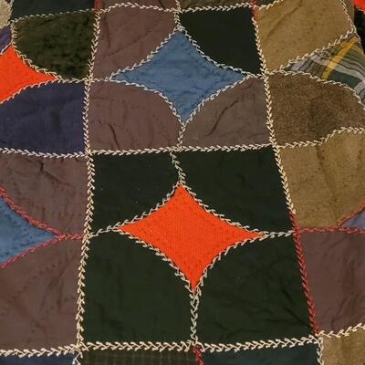 Lot 63: Handmade Jewel Tones Twin Quilt with Feather Stitching