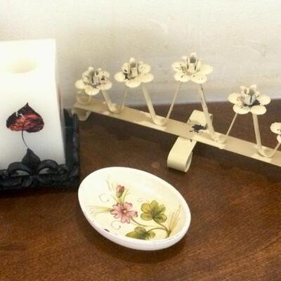 3 piece lot candleholder , candle, small floral dish