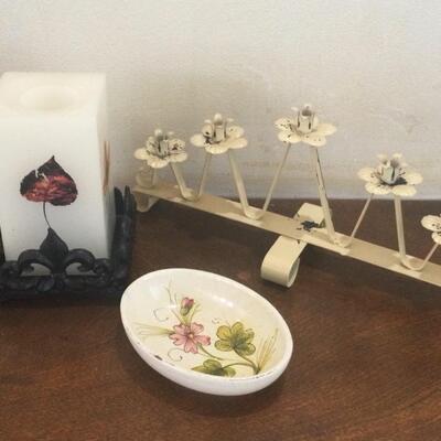 3 piece lot candleholder , candle, small floral dish