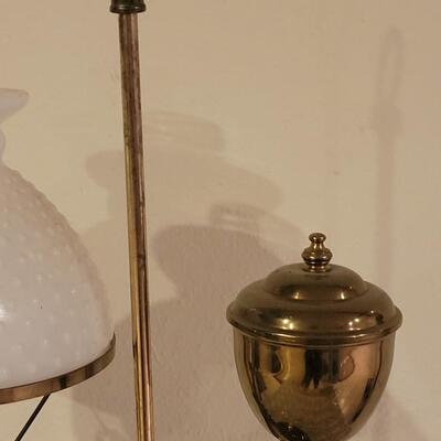 Lot 74: Vintage Brass Student Lamp with Hobnail Milk Glass Shade