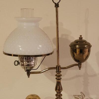 Lot 74: Vintage Brass Student Lamp with Hobnail Milk Glass Shade