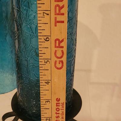 Lot 79: Mid Century Blue Candle Chimneys and Holders