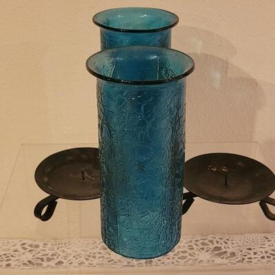 Lot 79: Mid Century Blue Candle Chimneys and Holders